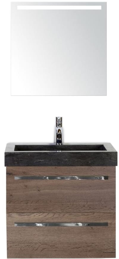 Seville Badmeubelset 60 cm - Tabacco - Wastafel Hardsteen Wit Lucca met Sence Spiegel