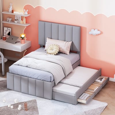 Sweiko Kinderbed, Gestoffeerd bed 90 x 200 cm, Met Opklapbed en opberglades, Huidvriendelijk linnen interieur, plat eenpersoonsbed, wieg, jeugdbed, Grijs, (Zonder matras)