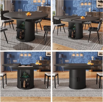 Eettafel - 118-158 cm - Ronde Uittrekbare Tafel - Voor 6 Personen - Hout - Walnut/Zwart