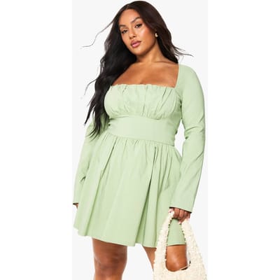 boohoo Dames Plus Bengaline Korset Lange Mouw Skaterjurk | Sage | Maat: 28