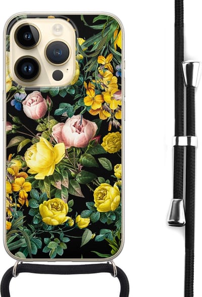 Hoesje met koord - Geschikt voor iPhone 14 Pro - Bloemen geel - Verstelbaar zwart koord - Transparant, Geel - Bloemen - Leuke Telefoonhoesjes