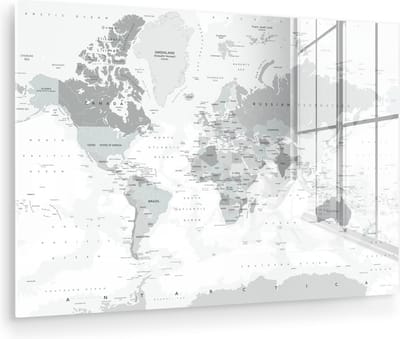 ® Glasschilderij 180x120 cm - Schilderij acrylglas - Wereldkaart - Wit - Grijs - Aarde - Foto op glas - Muurdecoratie woonkamer - Wanddecoratie slaapkamer - Schilderijen