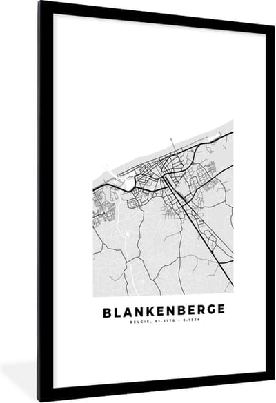 Fotolijst incl. Poster Zwart Wit- Zwart Wit – België – Plattegrond – Stadskaart – Kaart – Blankenberge - 80x120 cm - Posterlijst