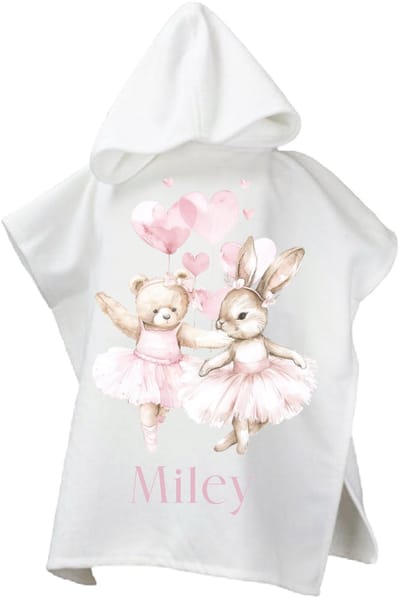 Badponcho met capuchon-Gepersonaliseerde Poncho voor Kinderen met teddy en konijn ballerina print en naam - Perfect voor Zwembad en Strand