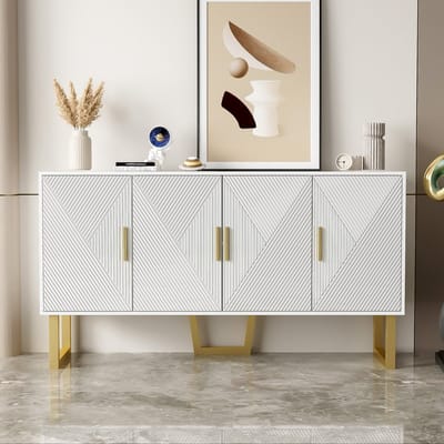 Pugsdrly 150 cm modern luxueus wit dressoir met hoogglanzende gestructureerde deuren gouden handgrepen 4 deuren ontwerp in hoogte verstelbare planken