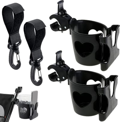 Bekerhouder Kinderwagen - Met Telefoonhouder - Onderweg Boodschappen - 2 Haken Inclusief - 20 x 10 x 6 cm - Zwart