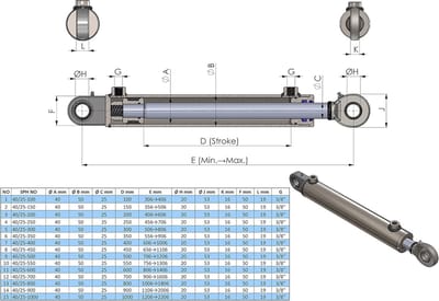 Dubbelwerkende Hydraulische Cilinder met Kogelgewrichten 50/30 - Verstelbaar van 50 tot 600 mm