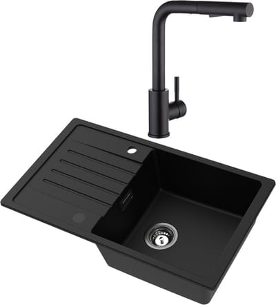 CECIPA max Spoelbak Antraciet 78x45CM - Granieten Spoelbakken Met Keukenkraan - Enkele Spoelbak - Spoelbak Met Afdruiprek - Spoelbakken Incl. Sifon en Afvoerzeefje