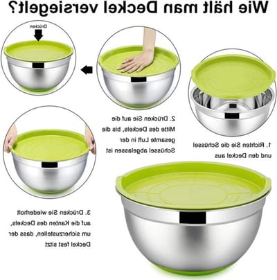 Mixkommen Set van 5 Stuks in RVS, Multifunctionele Saladeschalen met Deksel en Siliconen Basis, Stapelbaar en Vaatwasserbestendig, Ideaal voor Keuken en Koken, Capaciteit tot 6.6L