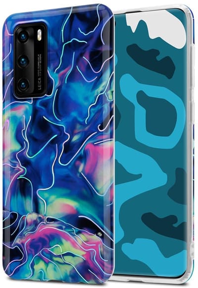 Cadorabo Hoesje geschikt voor Huawei P40 in Blauw Roze marmer No. 17 - Beschermhoes gemaakt van TPU siliconen Case Cover met mozaïek motief
