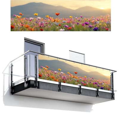 Balkonscherm 300x95 cm - Balkonposter Bloemenveld - Bergen - Zonlicht - Bloemen - Balkon scherm decoratie - Balkonschermen - Balkondoek zonnescherm
