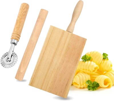 Set van 3 Gnocchi Borden van Hout met Snijders en Deegroller - Perfect voor Pasta, Gnocchi en Italiaanse Gerechten, 20.5 x 8.2 cm, Onmisbare Keukenaccessoires