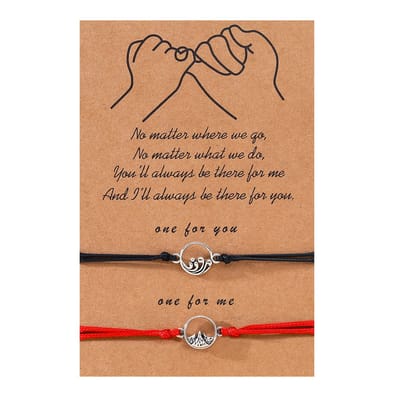Vriendschapsarmbandjes voor 2 met Oceaan & Berg - Zilverkleurig - Zwarte & Rode Bandjes - BFF Armband op Cadeau kaartje - Pax Amare
