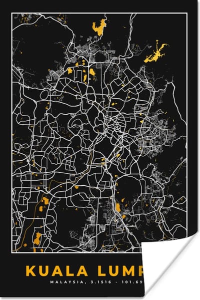 Poster Kuala Lumpur - Stadskaart - Plattegrond - Goud - Kaart - 120x180 cm XXL