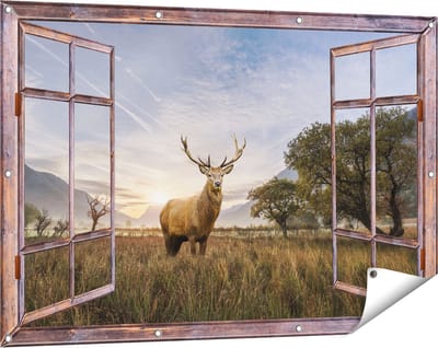 Gards Tuinposter Doorkijk Hert in het Landschap - 120x80 cm - Tuindoek - Tuindecoratie - Wanddecoratie buiten - Tuinschilderij