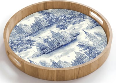 Dienblad rond 40x40 cm - Schootdienblad hout - Huizen - Bomen - Water - Vogels - Blauw - Borrelplank rechthoek - Plateau houten dienbladen