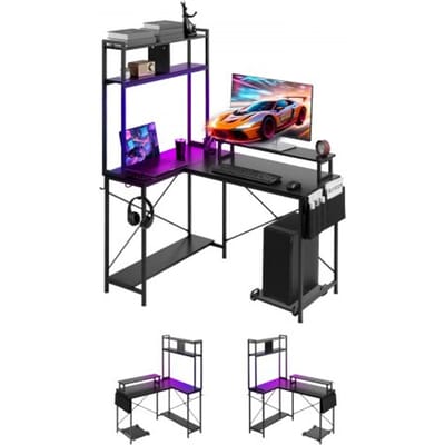 VEVOR Gaming Bureau L-vormig 1,2 m, hoekbureau met monitorstandaard, stopcontacten, uitschuifbare CPU-standaard en plank, hoekbureau met een draagvermogen van 68 kg, gamingbureau voor thuiswerkplek