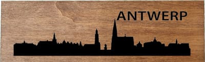 Houten Paliander skyline Antwerpen - Gebrand hout - Wanddecoratie / muurdecoratie - 38cm x 11.5cm x 12mm - Havenstad - Vlaanderen