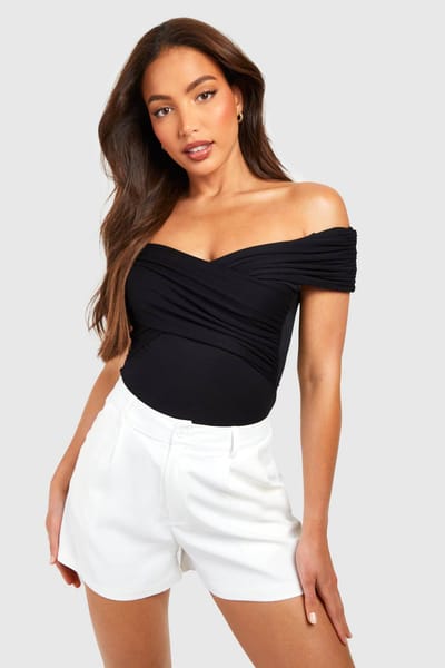 boohoo Dames Hoge Bardot Bodysuit met Gerafelde Details | Zwart | Maat: 36