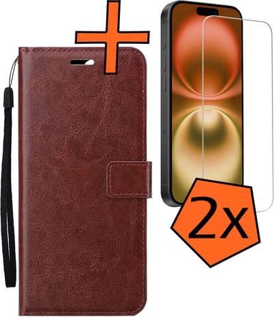 Hoes - Met 2x Screenprotector - Geschikt voor Apple iPhone 16 - Luxe Pasjeshouder - Bookcase Portemonee - Flip Case - Kunstleer Book Case - Flipcase Hoes - Book Cover - Walletcase - PortemonneeHoes - Bruin