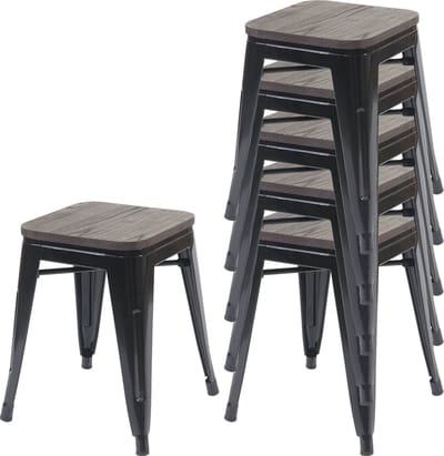 Set van 6 krukken MCW-A73 incl. houten zitting, metalen kruk, stapelbaar ~ zwart