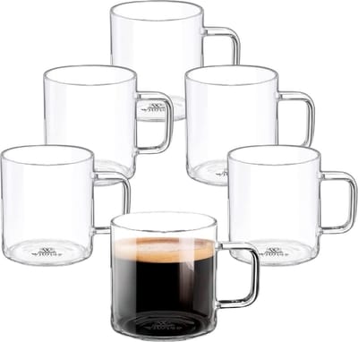 Theeglazen en koffieglazen met handvat, glazen voor warme en koude dranken, koffiemokken, glühweinglazuur, sapglazen, waterglas, glazen kopjes, vaatwasmachinebestendig, set van 6, 400 ml
