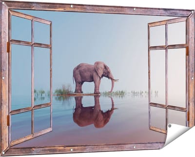 Gards Tuinposter Doorkijk Olifant bij het Water - 150x100 cm - Tuindoek - Tuindecoratie - Wanddecoratie buiten - Tuinschilderij