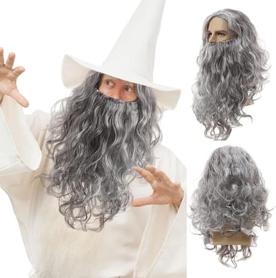 Wizard Perücke met Lange Baard voor Cosplay, Carnaval en Halloween Kostuum - Grijze Lange Haarstijl voor Mannen