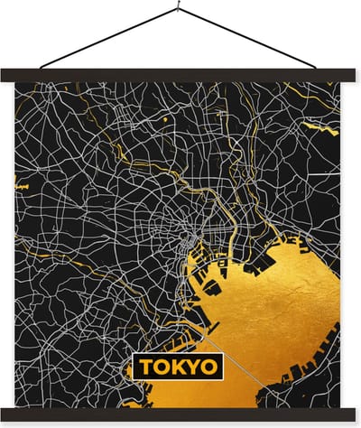 Posterhanger incl. Poster 60x60 cm - Schoolplaat - Tokyo - Stadskaart - Goud - Plattegrond - Kaart - Textielposter - Zwarte latten - Stadskaart