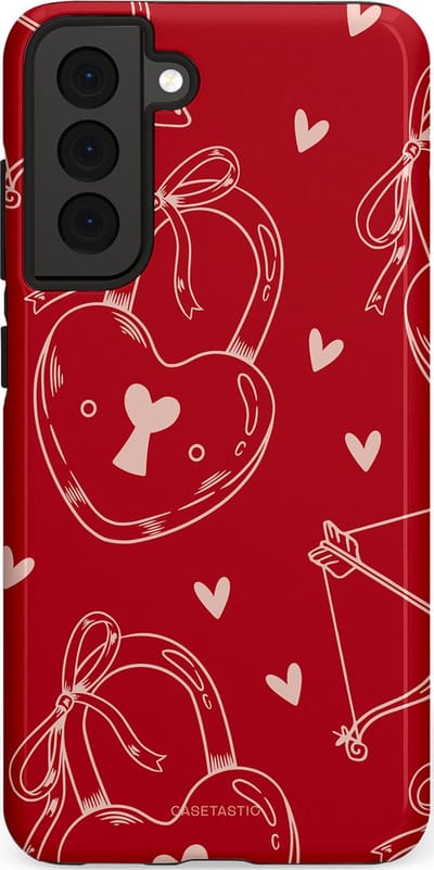 Casetastic Hoesje Geschikt voor Samsung S21 FE - Stijlvolle Beschermende Duo-layer Case - Hartendief - Liefdes Slotjes - Valentijn - Valentine - Love - Rood Wit