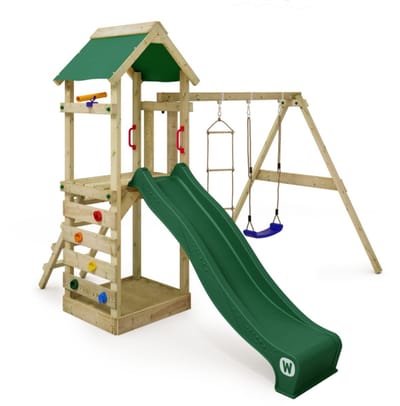 Wickey FreeFlyer Speeltoestel - Schommel met Glijbaan en Touwladder - Klimwand & Zandbak - 295x340x260 cm - Groen