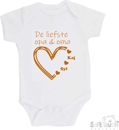 100% katoenen Romper "De liefste opa & oma met de namen van 2 kleinkinderen" Unisex Katoen Wit/tan Maat 56/62