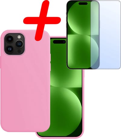 Hoesje Met Screenprotector - Geschikt voor Apple iPhone 15 Pro - Sterk & Shockproof - Back Cover - Siliconen Case - Telefoon Hoes - Lichtroze