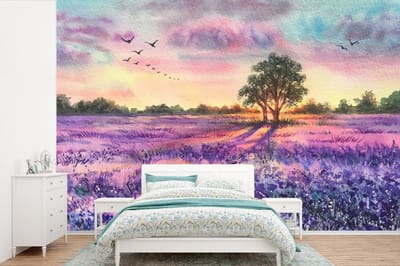 Behang - Fotobehang Lavendel - Verf - Vogels - Bomen - Paars - Breedte 330 cm x hoogte 220 cm