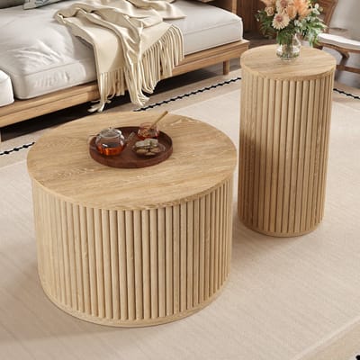 Sweiko Salontafel - Set van 2 - Ronde bijzettafel - φ60cm - Houtnerf - Natuurlijke