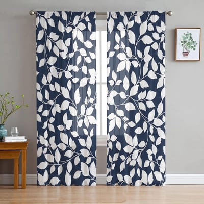 Marineblauw Bladrank Mann Textuur Slaapkamer Transparante Dunne Gordijnen Vakantiedecoratie Raam Voile Tule Gordijn 135W x 114H(cm) blue