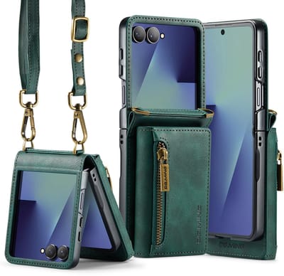 Stravo × DG.MING Veelzijdige leren case hoesje – Geschikt voor Samsung Galaxy Z Flip 7 – Luxe lederen telefoonhoesje met vaste kaarthouder & verstelbare schouderriem – Leer case – Stijlvol & duurzaam – Groen