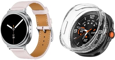 Strap-it Bundel – Leren Smartwatch Band (Roze) + TPU Soft Case Beschermhoes (Transparant) geschikt voor Samsung Galaxy Watch 8 Classic (46mm)