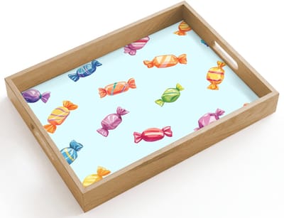 Dienblad hout 40x30 cm - Schootdienblad - Blauw - Patroon - Snoep - Borrelplank rechthoek - Plateau dienbladen
