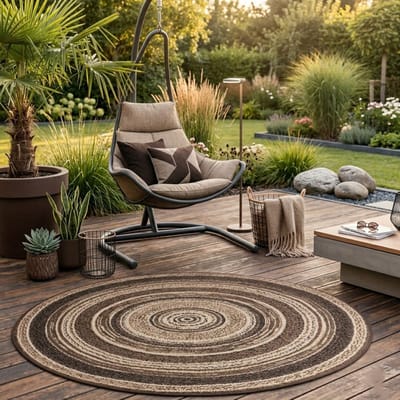 FLOORDIREKT Buitenkleed Zoe - Rond - Modern - Diameter: 120 cm - Beige-Grijs