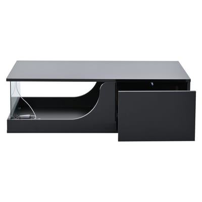MODFU Hoogglans salontafel 100x50x30 cm met 2 lades, MDF met gehard glazen blad, LED-verlichting, zwart
