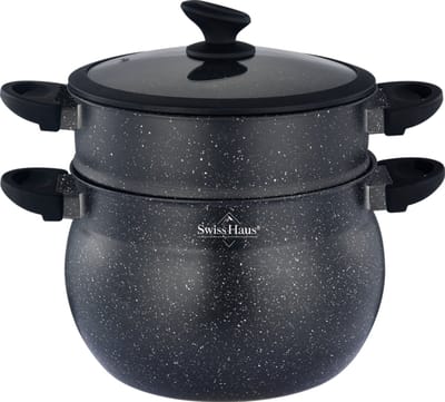 Swiss Haus® CCP20M Stoompan Inductie - 5.5 Liter / Ø 20 cm - Couscous Pan - Pan met Groentestomer - Soeppan Voor Alle Warmtebronnen - Couscoussier Pan Met Sapphire™ Antiaanbaklaag - Zwart