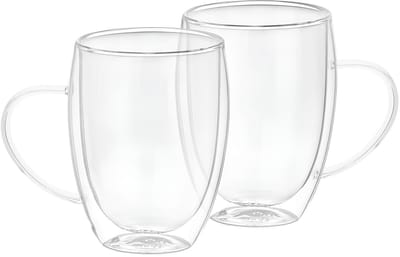 Cheffinger, Set 2 Glazen met dubbelwandig oor 350ml van massief borosilicaatglas, Transparant