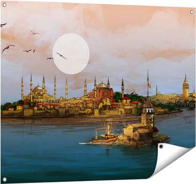 Gards Tuinposter Illustratie van de Maiden's Tower in Istanbul - 100x80 cm - Tuindoek - Tuindecoratie - Wanddecoratie buiten - Tuinschilderij