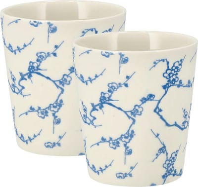 Koffiekopjes Set van 2 – Keramische Koffiemokken 200 ml Zonder Oor – Blauw Wit Bloesem Patroon – Espresso Kopjes voor Koffie, Cappuccino en Thee