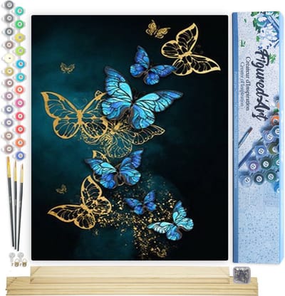 Figured'Art Schilderen op Nummer Volwassenen canvas Gouden en blauwe vlinders - Handwerk acrylverf Kit DIY Compleet - 40x50cm met DIY houten lijst