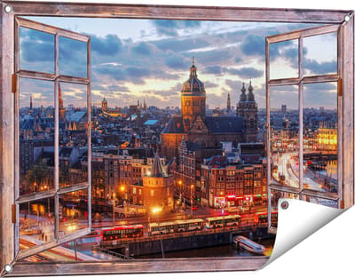 Gards Tuinposter Doorkijk Amsterdam Centrum Luchtfoto Zonsondergang - 90x60 cm - Tuindoek - Tuindecoratie - Wanddecoratie buiten - Tuinschilderij