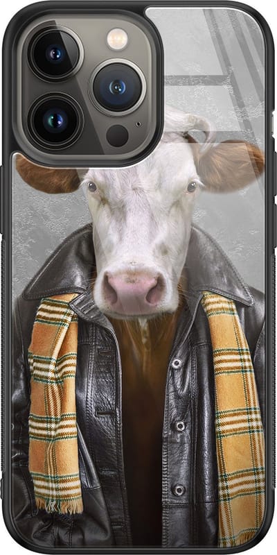 Hoesje geschikt voor iPhone 13 Pro Max - Koe - Luxe Glazen Hardcase - Hippe print - Grijs - Leuke Telefoonhoesjes