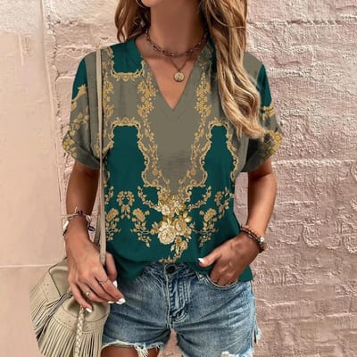 Zomer V-hals Dames T-shirt Etnisch Patroon 3D Print Kleding Korte Mouw Top Casual Streetwear T-shirt voor Dames Hip Hop Pullover 5XL gray