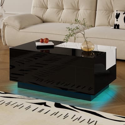 YEHTOKHOME Hoogglans Salontafel met LED-Verlichting en lade - Uitschuifbaar tafelblad - Verborgen opbergruimte - Moderne bijzettafels - Koffietafel - Zwart - 80x50x35,5 cm